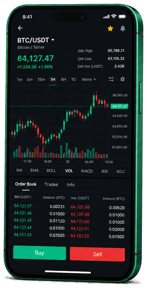 Application mobile Zénith Randença — graphique BTC/USDT en direct, carnet d’ordres et outils de trading